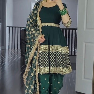 Green Color Punjabi Dhoti Salwar Kameez With Embroidery Work, Ready To Wear Stitched Salwar Suit, Indian Wedding Mehendi Wear Suit For Women image 2