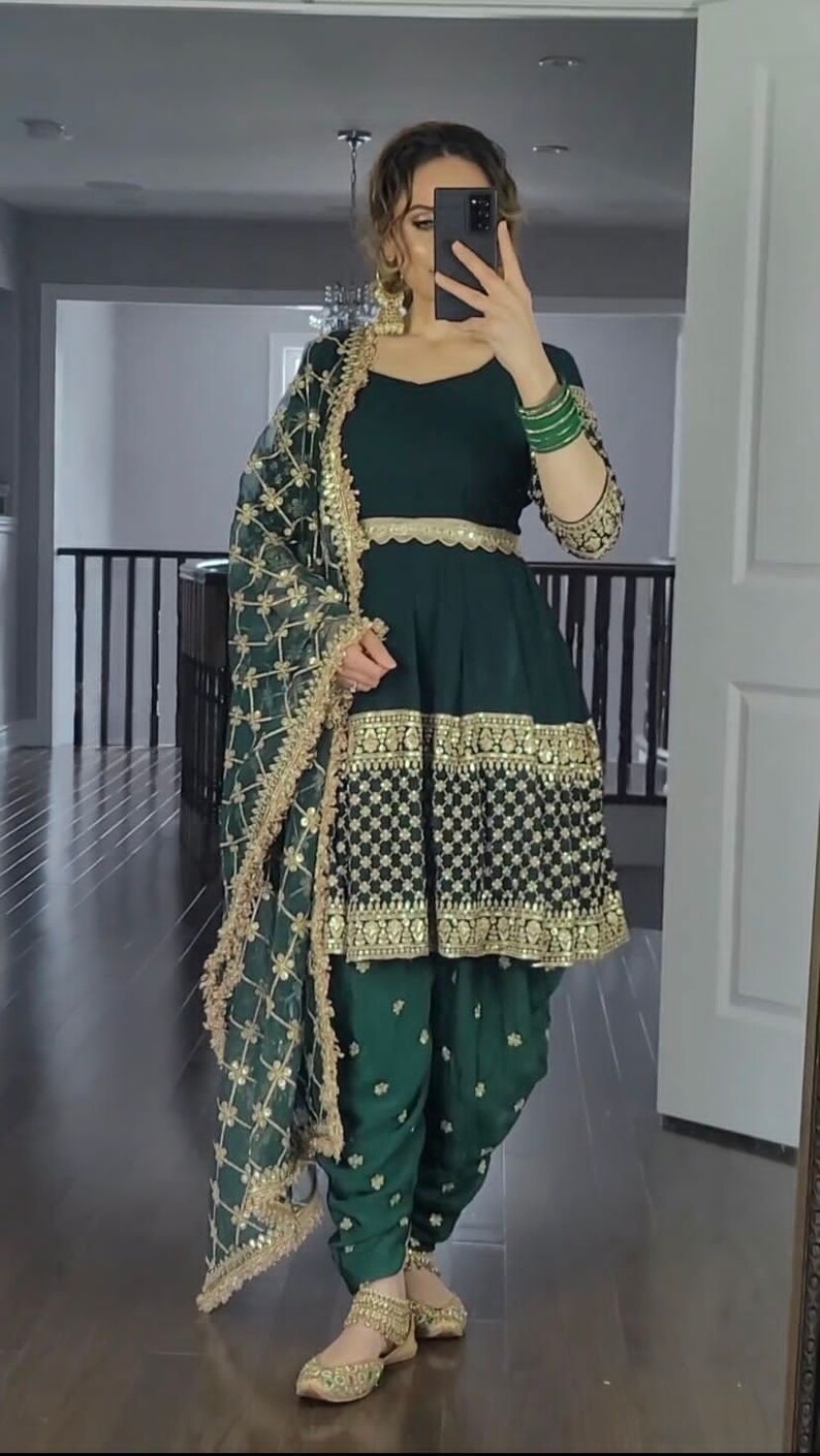 Green Color Punjabi Dhoti Salwar Kameez With Embroidery Work, Ready To Wear Stitched Salwar Suit, Indian Wedding Mehendi Wear Suit For Women image 2