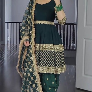 Green Color Punjabi Dhoti Salwar Kameez With Embroidery Work, Ready To Wear Stitched Salwar Suit, Indian Wedding Mehendi Wear Suit For Women image 7