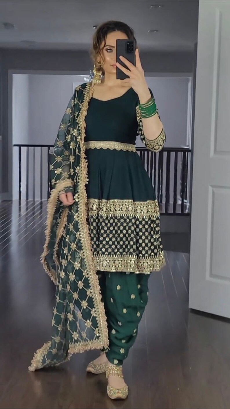 Green Color Punjabi Dhoti Salwar Kameez With Embroidery Work, Ready To Wear Stitched Salwar Suit, Indian Wedding Mehendi Wear Suit For Women image 7