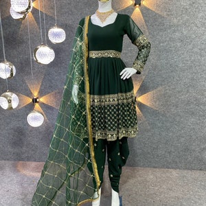 Green Color Punjabi Dhoti Salwar Kameez With Embroidery Work, Ready To Wear Stitched Salwar Suit, Indian Wedding Mehendi Wear Suit For Women image 3