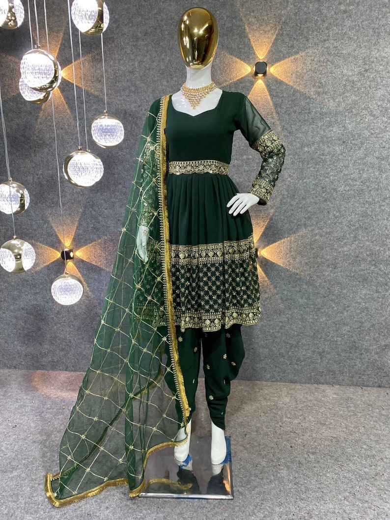 Green Color Punjabi Dhoti Salwar Kameez With Embroidery Work, Ready To Wear Stitched Salwar Suit, Indian Wedding Mehendi Wear Suit For Women image 3