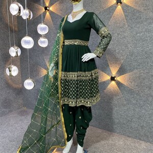 Green Color Punjabi Dhoti Salwar Kameez With Embroidery Work, Ready To Wear Stitched Salwar Suit, Indian Wedding Mehendi Wear Suit For Women image 8