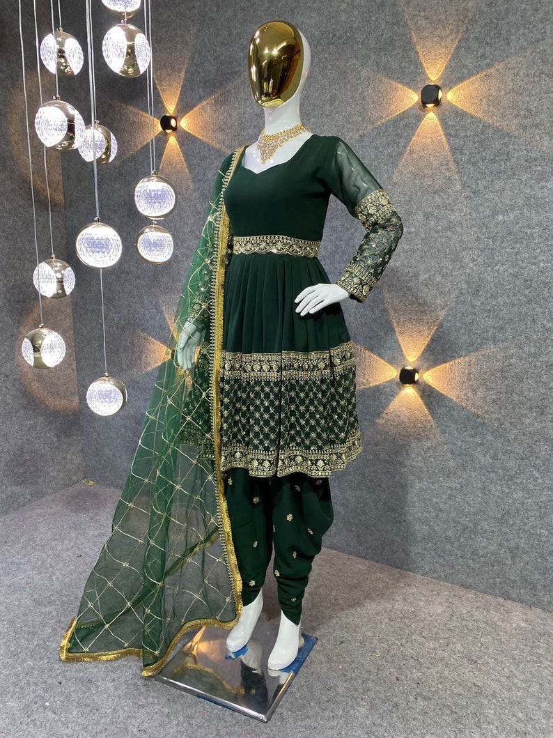 Green Color Punjabi Dhoti Salwar Kameez With Embroidery Work, Ready To Wear Stitched Salwar Suit, Indian Wedding Mehendi Wear Suit For Women image 8