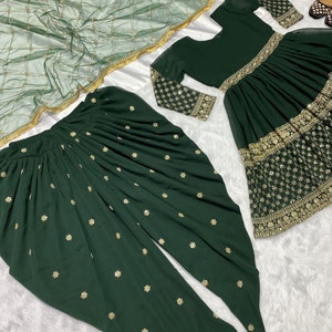 Green Color Punjabi Dhoti Salwar Kameez With Embroidery Work, Ready To Wear Stitched Salwar Suit, Indian Wedding Mehendi Wear Suit For Women image 4