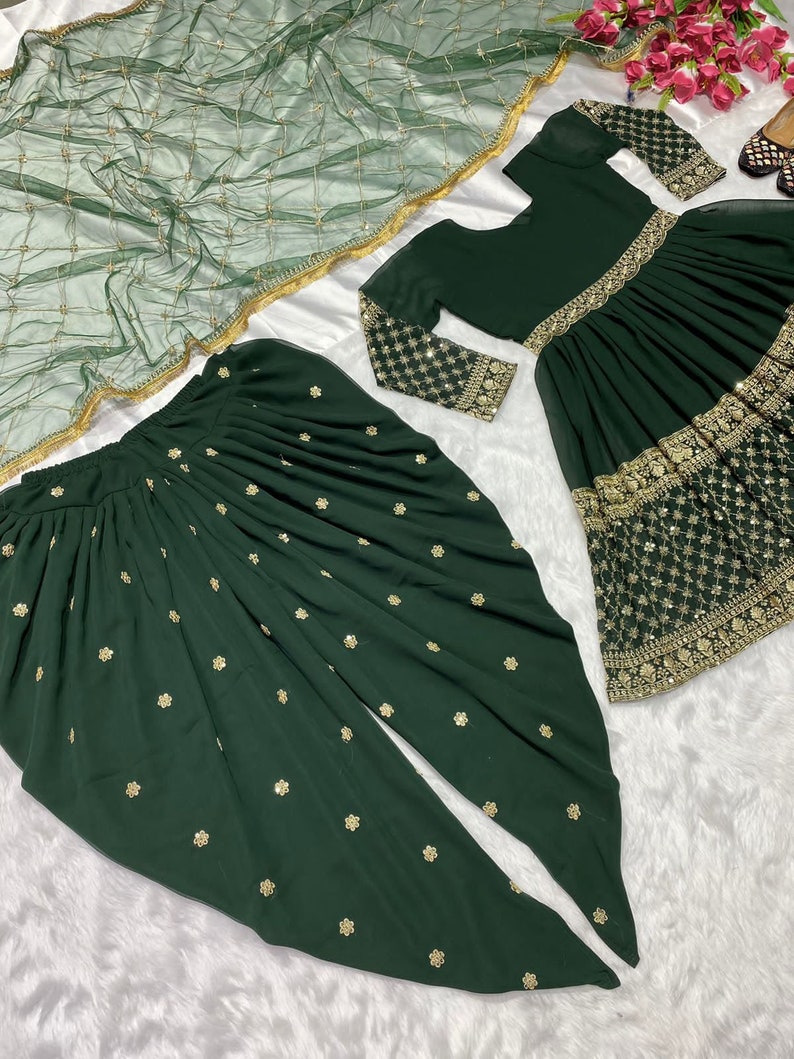 Green Color Punjabi Dhoti Salwar Kameez With Embroidery Work, Ready To Wear Stitched Salwar Suit, Indian Wedding Mehendi Wear Suit For Women image 4