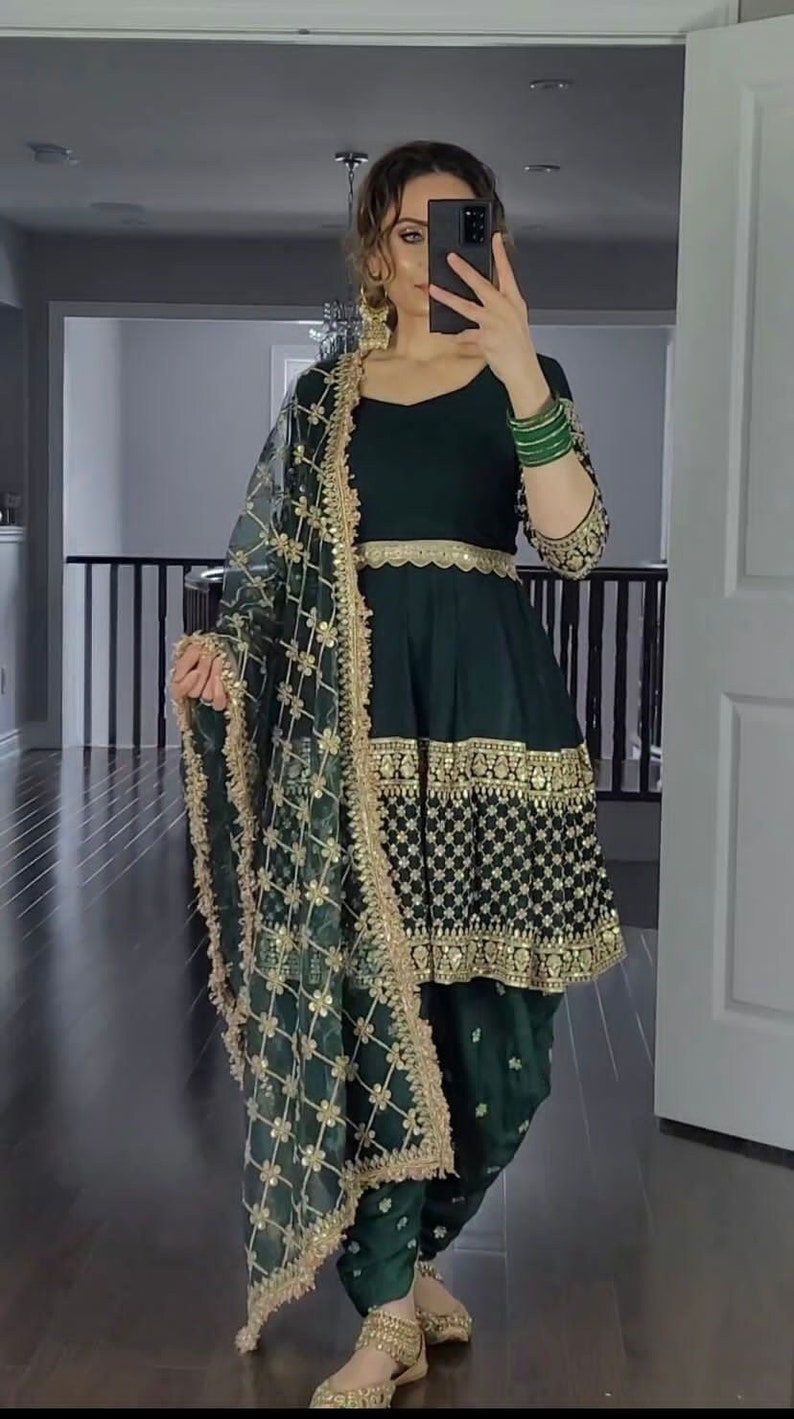 Green Color Punjabi Dhoti Salwar Kameez With Embroidery Work, Ready To Wear Stitched Salwar Suit, Indian Wedding Mehendi Wear Suit For Women image 1