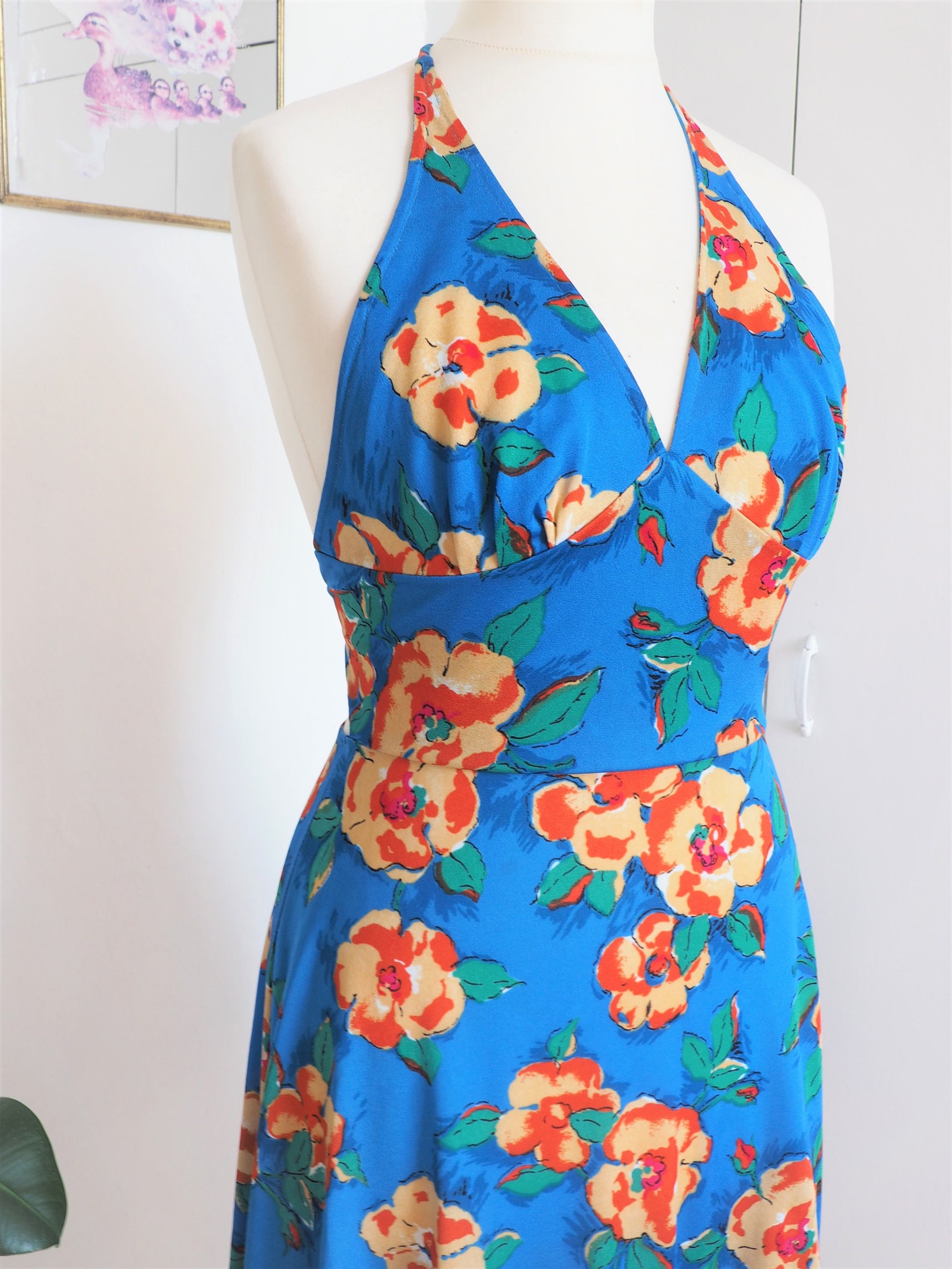 Vintage 1970s 70s Blue Floral Halter neck Midi Sun Dress Size | Etsy