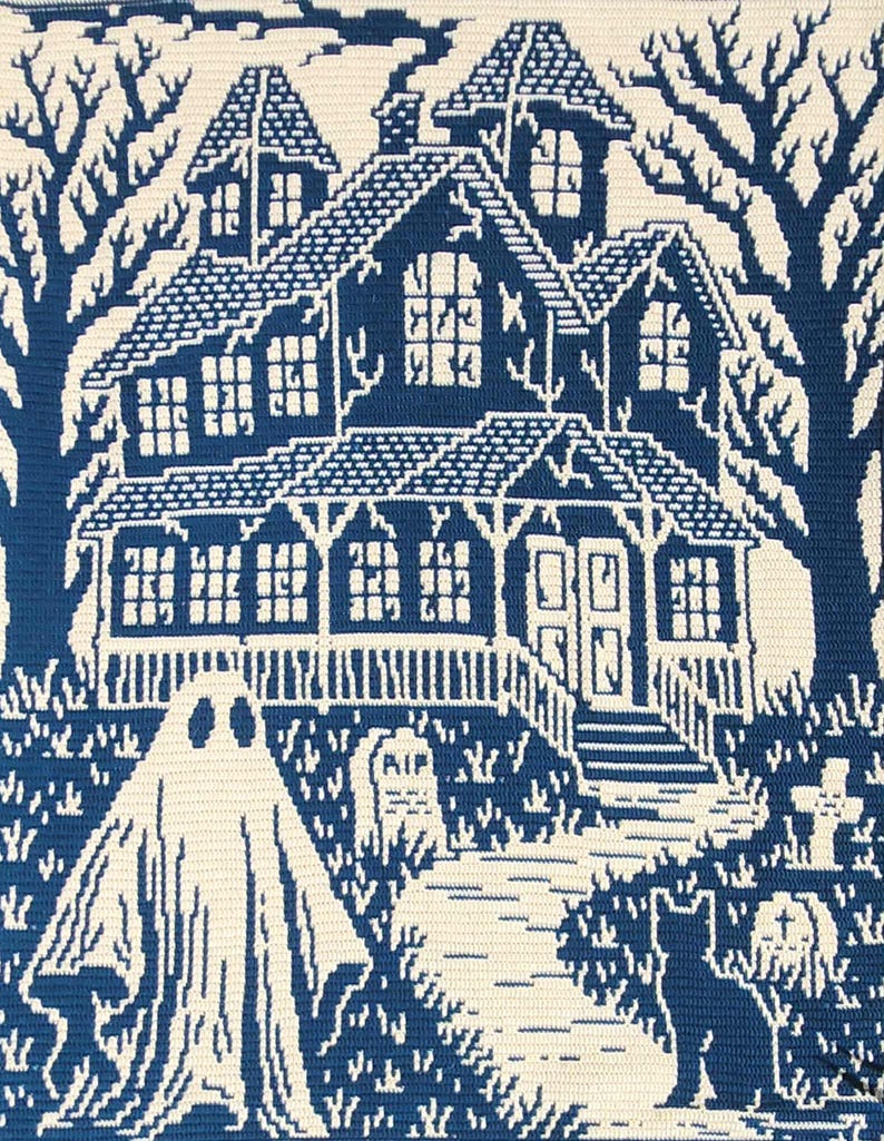 Op de afbeelding: Een blauw-witte gehaakte Halloween-sc&egrave;ne met een spookhuis, een geest, een zwarte kat en een begraafplaats. Het huis heeft meerdere ramen en een veranda. Bomen omlijsten het huis. De geest staat op de voorgrond en de kat staat bij de begraafplaats.