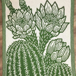 Puede incluir: Una manta de ganchillo con un diseño de cactus verde y blanco. La manta muestra una ilustración detallada de un cactus con grandes flores y un borde texturizado. La paleta de colores es una combinación de verde y blanco.