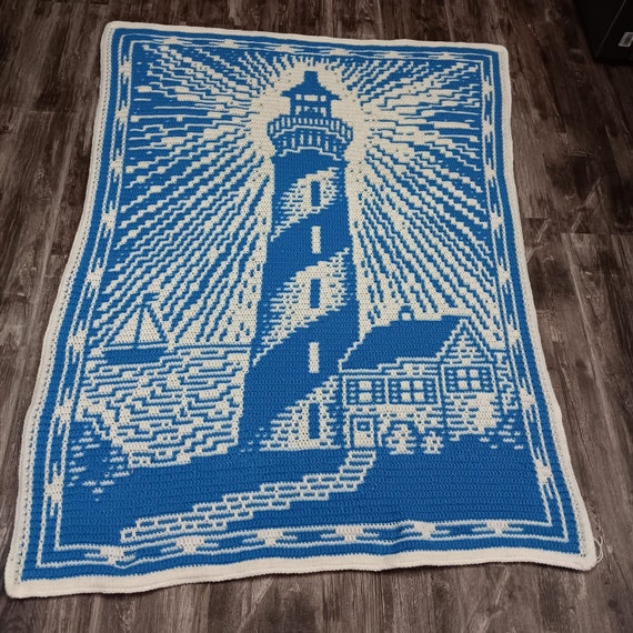 ラグ・カーペット lighthouse Seascape rug blanket Lonely Lighthouse Overlay Mosaic Crochet Blanket Pattern - Etsy