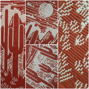 Peut inclure: Gros plan sur une couverture au crochet repr&eacute;sentant une sc&egrave;ne de d&eacute;sert. La couverture est r&eacute;alis&eacute;e avec un m&eacute;lange de fils orange et blanc, cr&eacute;ant un effet textur&eacute;. La sc&egrave;ne repr&eacute;sente une lune, des montagnes et des cactus.