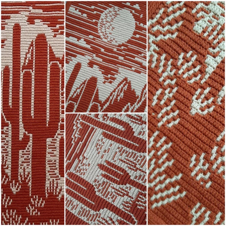 Peut inclure: Gros plan sur une couverture au crochet repr&eacute;sentant une sc&egrave;ne de d&eacute;sert. La couverture est r&eacute;alis&eacute;e avec un m&eacute;lange de fils orange et blanc, cr&eacute;ant un effet textur&eacute;. La sc&egrave;ne repr&eacute;sente une lune, des montagnes et des cactus.