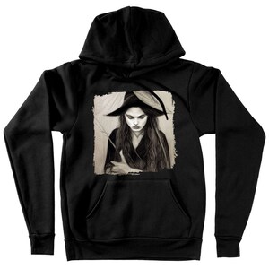 Halloween Witch Hooded Sweatshirt - Black And White Hoodie - Portrait Hoodie