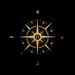 May include: A gold compass rose graphic on a black background featuring a central Omega symbol, cardinal direction letters N, E, S, and W, and various light blue geometric and abstract symbols arranged in a circular pattern around the center.