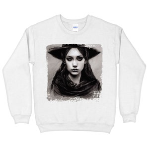 Witch Wearing Hat Sweatshirt - Black And White Art Crewneck Sweatshirt - Drawing Sweatshirt