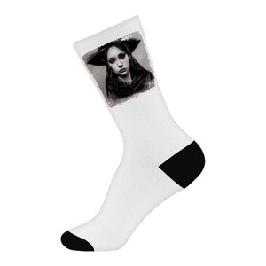 Witch Wearing Hat Socks - Black And White Art Novelty Socks - Drawing Crew Socks