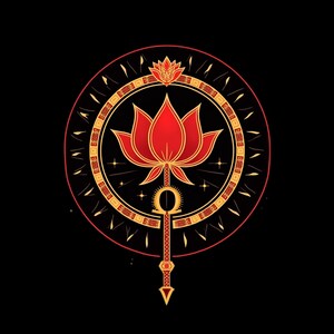 May include: A graphic illustration featuring a central red lotus flower positioned above an ankh symbol, all enclosed within a circular frame with gold and red geometric patterns, set against a solid black background with small star accents.