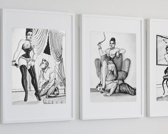 Femdom Art Print Set of 3, BDSM Kinky Erotic Black and White Posters