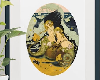 May include: A framed print of a vintage illustration depicting two mermaids with long flowing hair, sitting on a rock in the ocean. The mermaids are surrounded by sea life, including seaweed, shells, and a starfish. The background is a deep blue ocean with white waves.