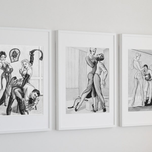 Femdom Vintage Art Print Set of 5, Submissive Man Dominant Woman Wall Decor
