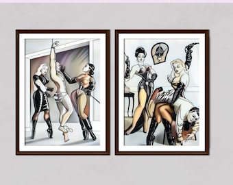 Dominatrice lesbienne vintage, impression d'art, lot de 2, décoration murale BDSM à trois