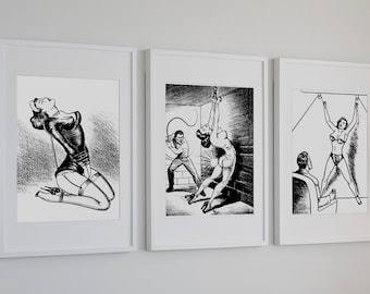 BDSM Art Print Set of Four, Black and White Vintage Fetish Erotic Kinky Posters