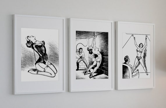 BDSM Art Print Set of Four, Black and White Vintage Fetish Erotic Kinky Posters