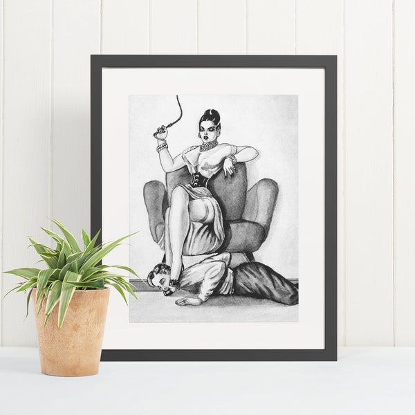 Femdom Vintage Art Print, Submissive Man Kneeling Art, Mistress with Boots, Boots Fetish, BDSM, Mistress Slave Art Print