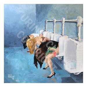 May include: A painting of four people in a public restroom, using urinals. The urinals are white and the walls are blue. The people are wearing different colored clothing.