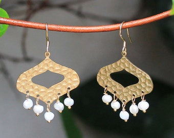 Modern White Pearl Semi-Precious Natural Gemstone Earrings with Modern Hammered Raw Brass Design