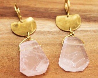 Pink Rose Quartz Semi-Precious Natural Gemstone Earrings with Modern Hammered Raw Brass