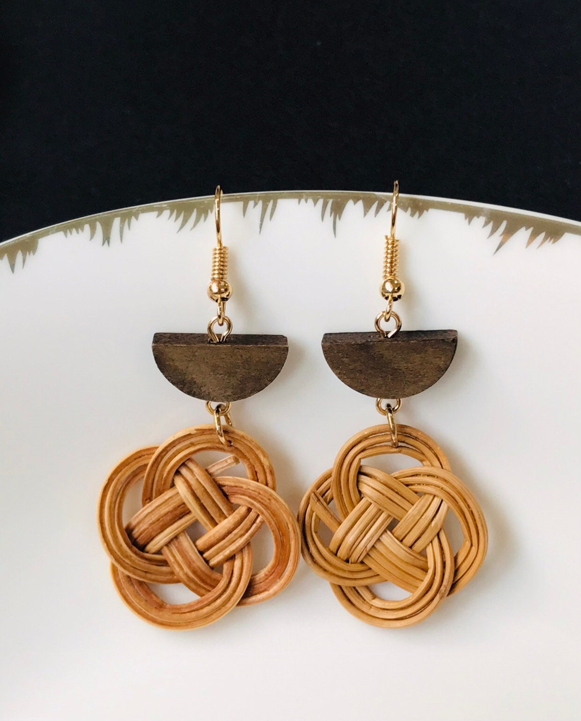 Rattan Knot Symbol dangle drop earrings Boho Rattan earrings Etsy