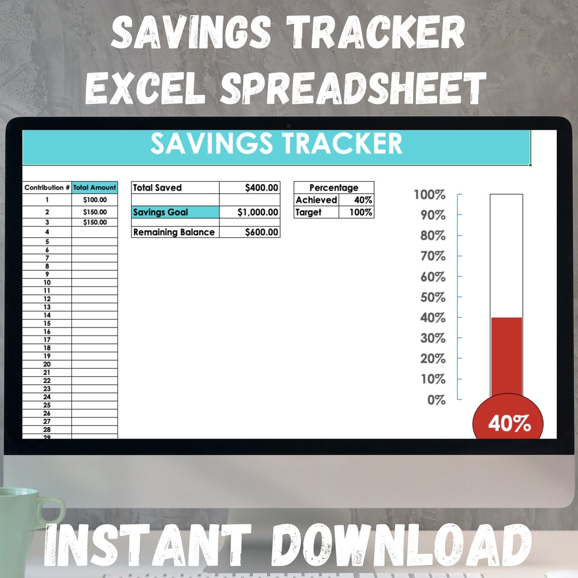 Savings Tracker Savings Thermometer Excel Spreadsheet Etsy