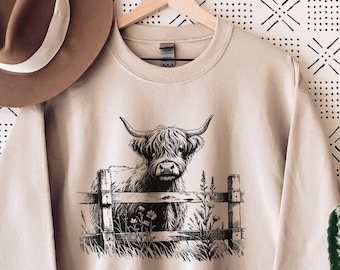 Sudadera de vaca de las tierras altas, sudadera de vaca, regalos de vaca de las tierras altas, sudadera del oeste, suéter de vaca de las tierras altas, cuello redondo de vaca, camisa de vaca peluda