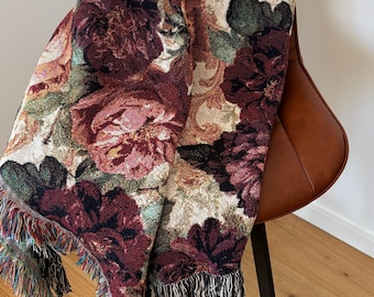 Vintage Floral Gewebte Decke Floral Barock Tapisserie Wandbehang Maximalist Wohnkultur Herbst Burgund Decke