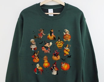 Sweat-shirt Halloween vintage, sweat citrouille, pull Halloween, col rond Halloween, vêtements automne femme, Halloween rétro, chemise chat