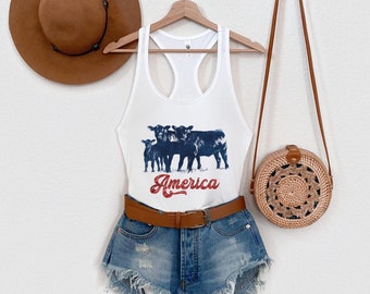 4 juli tanktop, Amerika tanktop, patriottische koe, westerse tanktop, Amerikaans koeshirt, retro noodlijdende tee, 4 juli shirt