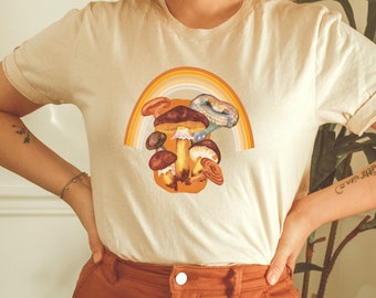 Mushroom Rainbow Shirt, Cottagecore Botanical Fungi Plants Tee,  Nature Lover,  Hippy Shirt, Gardening shirt