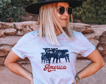 Maglietta mucca del 4 luglio, maglietta mucca patriottica, maglietta mucca americana, maglietta grafica western, maglietta patriottica, maglietta retrò americana in difficoltà, maglietta del 4 luglio