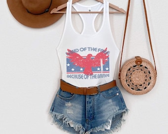 Camiseta sem mangas 4 de julho, Terra dos livres, por causa dos bravos, camiseta patriótica da águia americana, camisa da liberdade, camiseta sem mangas da América, 4 de julho