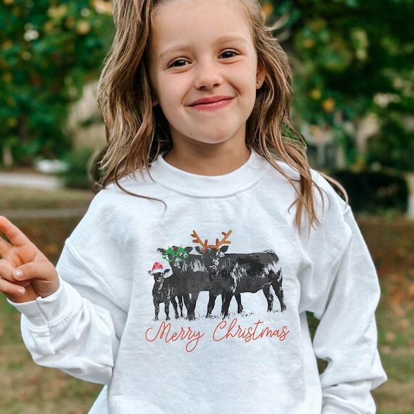 Youth Christmas Sweatshirt, Kids Cow Christmas Sweater, Cow Sweatshirt, Christmas Clothing, Boy Christmas Shirt Toddler Girl Christmas Shirt