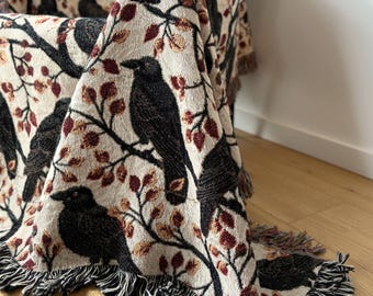 Raven Woven Blanket Halloween Home Decor Gothic Boho Fall Throw Blanket Bird Tapestry Blanket