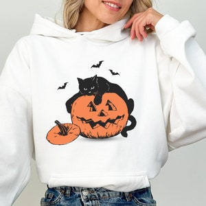 Halloween Hoodie, Katze Hoodie, Retro Halloween, schwarze Katze Shirt, gruselige Saison Hoodie, Katze Kürbis Fledermäuse, Vintage Halloween, Herbst Hoodie