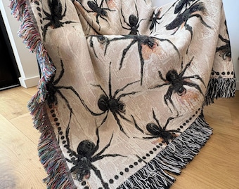 Gothic Spider Woven Throw Blanket: Neutral Halloween Decor
