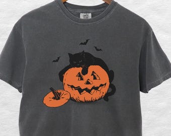 Retro Halloween-katt-crop-topp: Komfortfärger Vintage svart katt-tröja