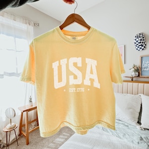 Pu&ograve; includere: Una maglietta giallo chiaro con la scritta "USA" in grandi lettere bianche sbiadite. Sotto c'&egrave; il testo "EST. 1776" con stelle. La maglietta &egrave; appesa a una gruccia di legno.