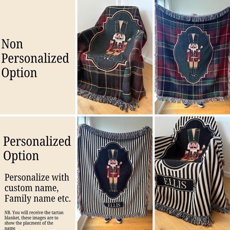 May include: A woven throw blanket featuring a nutcracker design within a decorative frame. The blanket is available in plaid and striped patterns, with fringed edges. The personalized option includes a custom name.