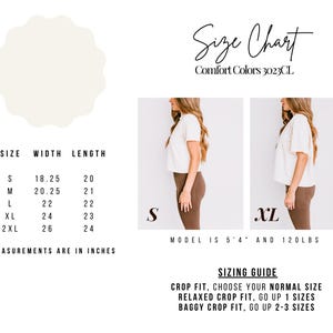 Puede incluir: Tabla de tallas para un top blanco corto con medidas en pulgadas. La tabla muestra el ancho y la longitud del top en las tallas S, M, L, XL y 2XL. La modelo lleva una talla S y mide 1,63 m y pesa 54 kg. La gu&iacute;a de tallas recomienda elegir tu talla normal para un ajuste corto, subir una talla para un ajuste corto relajado y subir 2-3 tallas para un ajuste corto holgado.