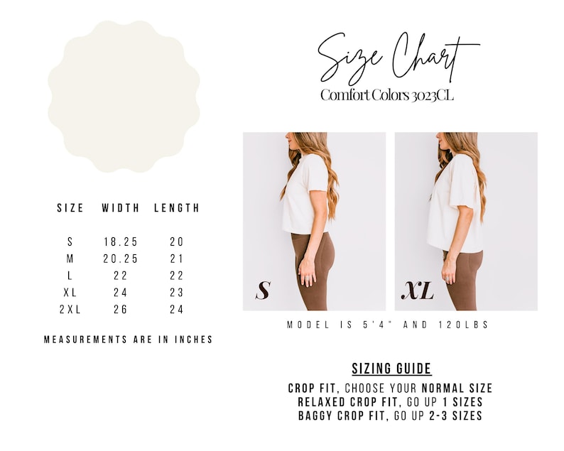 Puede incluir: Tabla de tallas para un top blanco corto con medidas en pulgadas. La tabla muestra el ancho y la longitud del top en las tallas S, M, L, XL y 2XL. La modelo lleva una talla S y mide 1,63 m y pesa 54 kg. La gu&iacute;a de tallas recomienda elegir tu talla normal para un ajuste corto, subir una talla para un ajuste corto relajado y subir 2-3 tallas para un ajuste corto holgado.